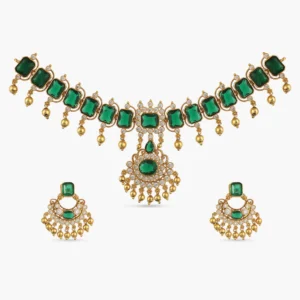 Emerald Green Stone Studded Choker Necklace Set with Earrings